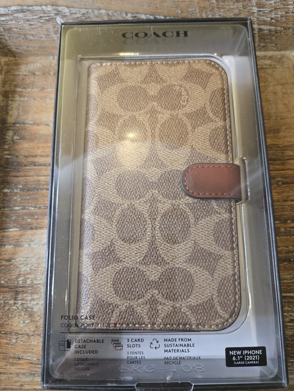Coach iPhone 13 Pro Leather Folio Case Wallet Signature C Canvas Tan NIB C8046